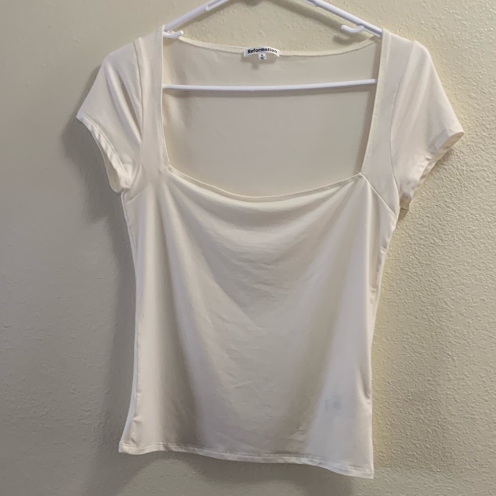 Reformation Square Neck White T-Shirt Cap Sleeves Size Small Tencel Spandex